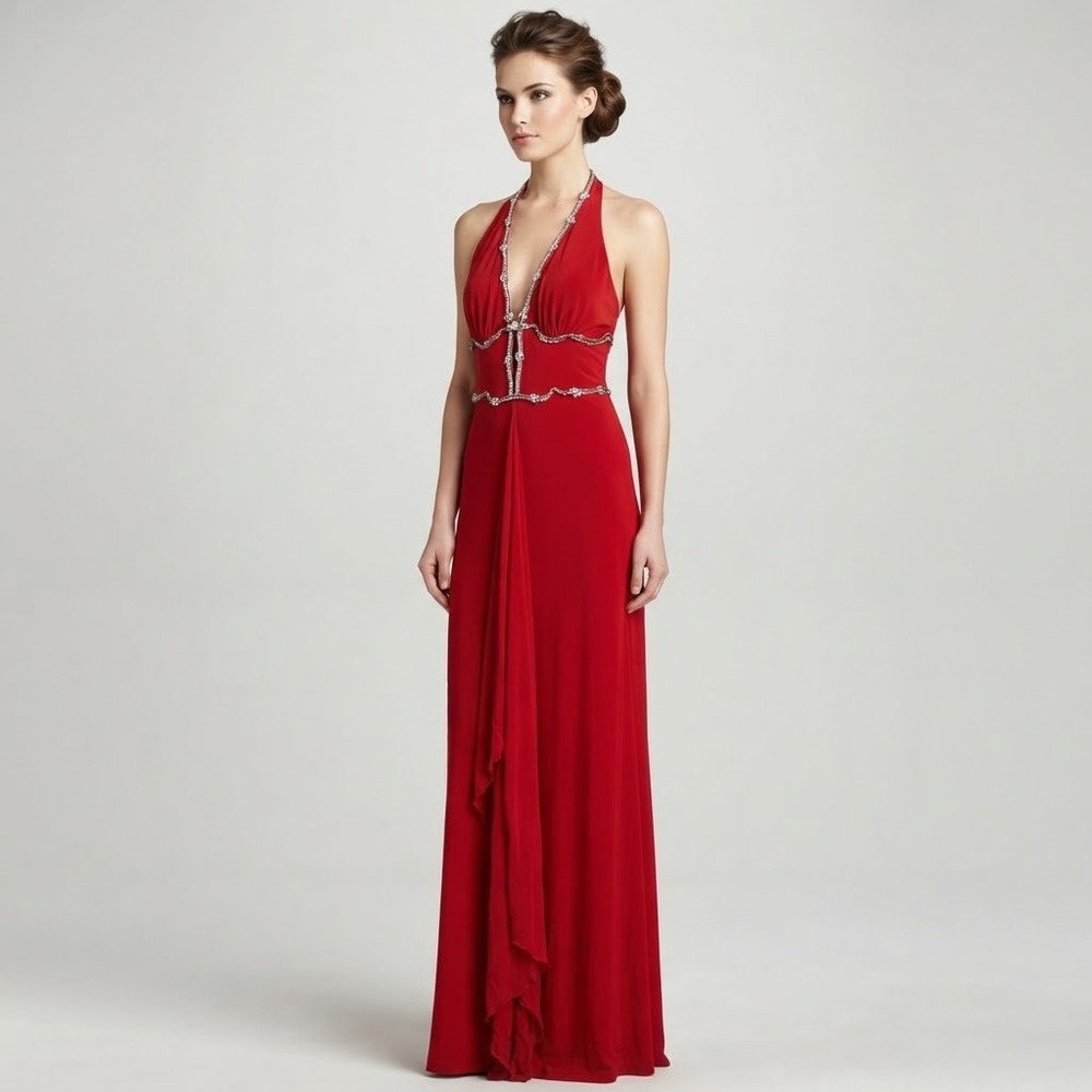 Nicole Bakti Red Rhinestone Halter Long Evening Gown Dress Size M Deep V Formal